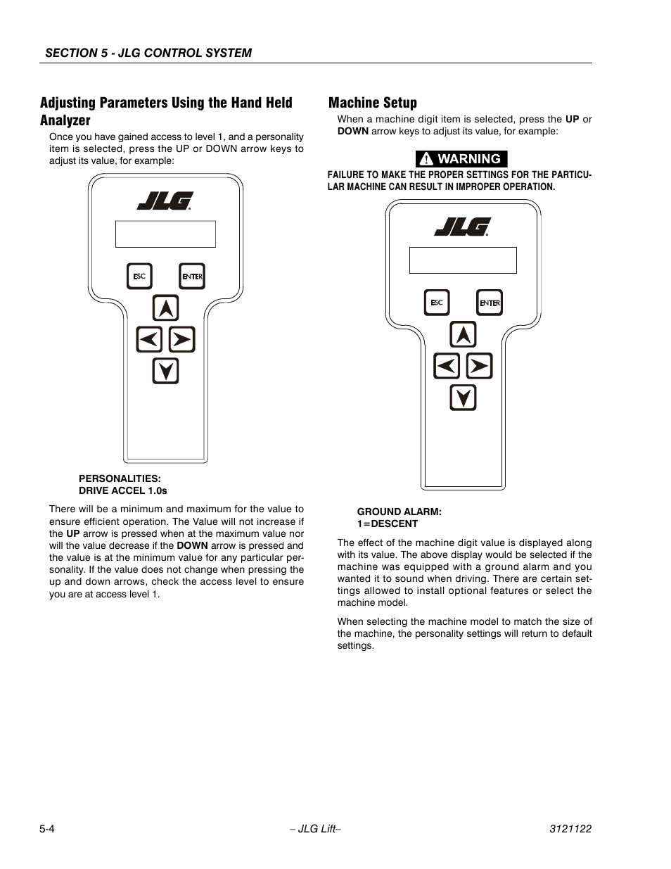 Adjusting parameters using the hand held analyzer, Machine setup | JLG M4069 ANSI Service Manual User Manual | Page 100 / 150