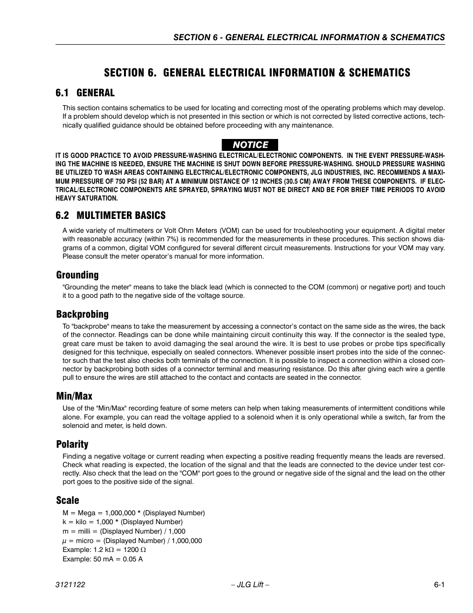 1 general, 2 multimeter basics, Grounding | Backprobing, Min/max, Polarity, Scale, General -1, Multimeter basics -1 | JLG M4069 ANSI Service Manual User Manual | Page 123 / 150