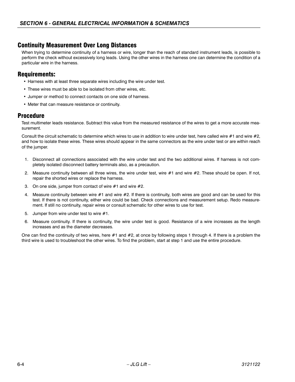 Continuity measurement over long distances, Requirements, Procedure | JLG M4069 ANSI Service Manual User Manual | Page 126 / 150