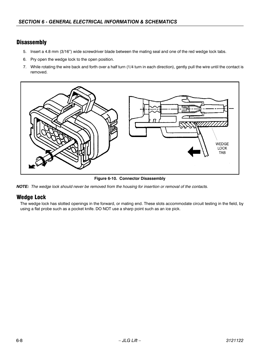 Disassembly, Wedge lock, Connector disassembly -8 | JLG M4069 ANSI Service Manual User Manual | Page 130 / 150