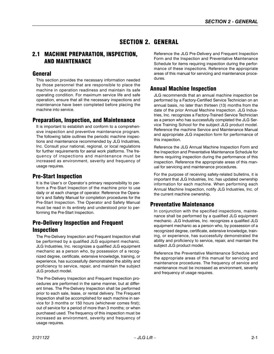 Section 2. general, 1 machine preparation, inspection, and maintenance, General | Preparation, inspection, and maintenance, Pre-start inspection, Pre-delivery inspection and frequent inspection, Annual machine inspection, Preventative maintenance, Section 2 - general | JLG M4069 ANSI Service Manual User Manual | Page 21 / 150