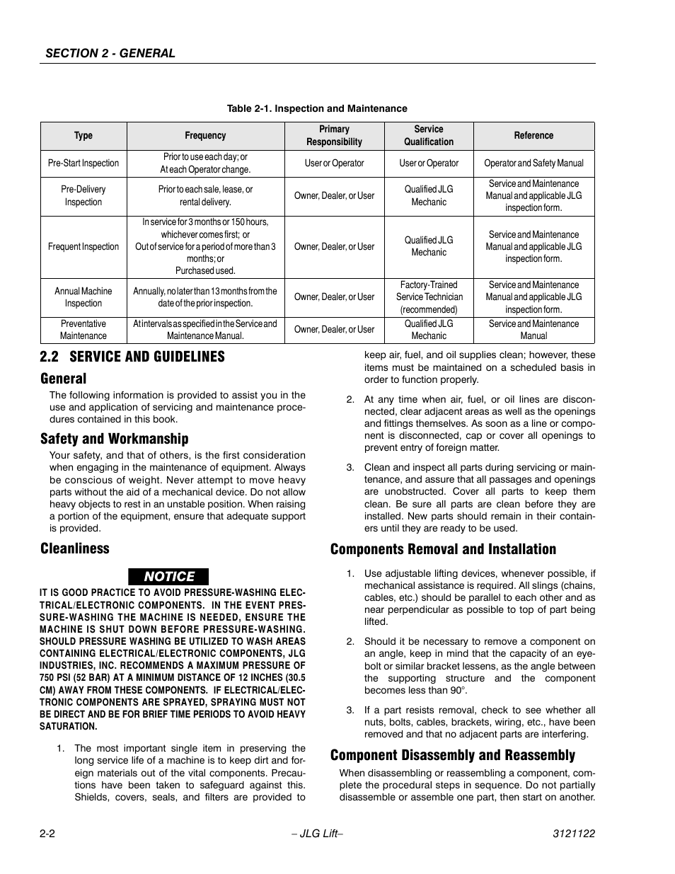 2 service and guidelines, General, Safety and workmanship | Cleanliness, Components removal and installation, Component disassembly and reassembly, Service and guidelines -2, Inspection and maintenance -2, 2 service and guidelines general | JLG M4069 ANSI Service Manual User Manual | Page 22 / 150