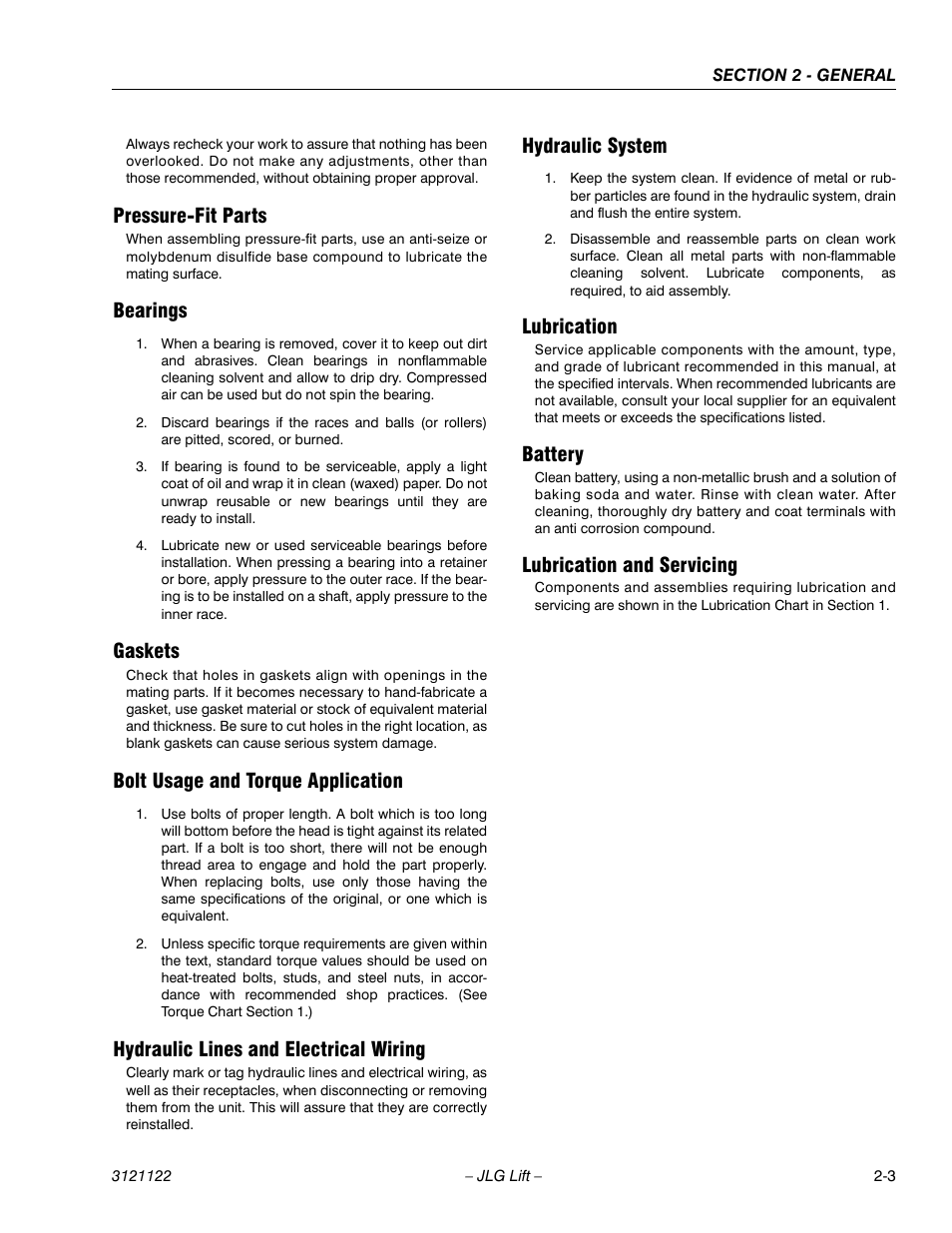 Pressure-fit parts, Bearings, Gaskets | Bolt usage and torque application, Hydraulic lines and electrical wiring, Hydraulic system, Lubrication, Battery, Lubrication and servicing | JLG M4069 ANSI Service Manual User Manual | Page 23 / 150