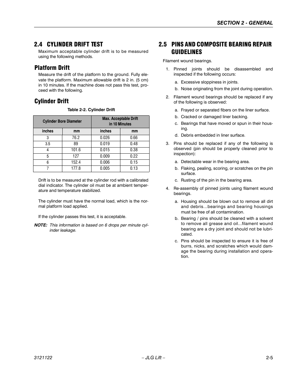 4 cylinder drift test, Platform drift, Cylinder drift | 5 pins and composite bearing repair guidelines, Cylinder drift test -5, Pins and composite bearing repair guidelines -5, Cylinder drift -5 | JLG M4069 ANSI Service Manual User Manual | Page 25 / 150