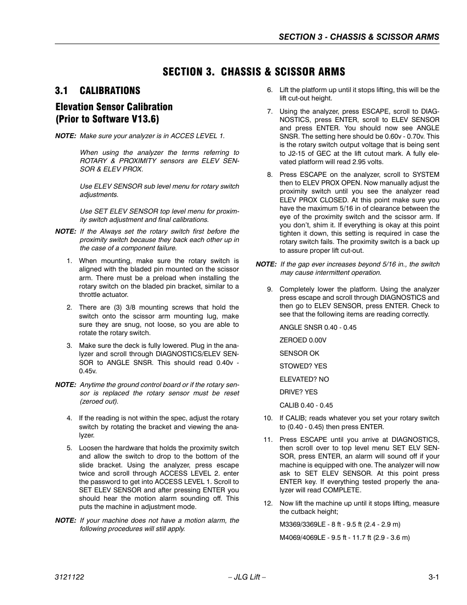 Section 3. chassis & scissor arms, 1 calibrations, Section 3 - chassis & scissor arms | Calibrations -1 | JLG M4069 ANSI Service Manual User Manual | Page 29 / 150