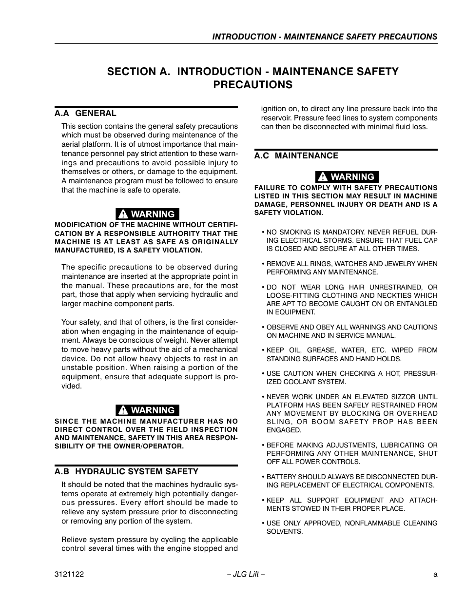 A.a general, A.b hydraulic system safety, A.c maintenance | JLG M4069 ANSI Service Manual User Manual | Page 3 / 150