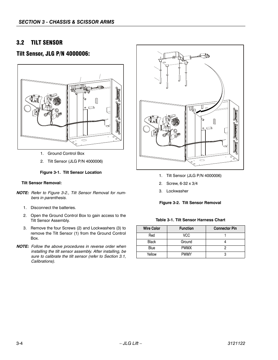 2 tilt sensor, Tilt sensor, jlg p/n 4000006, Tilt sensor -4 | Tilt sensor location -4, Tilt sensor removal -4, Tilt sensor harness chart -4 | JLG M4069 ANSI Service Manual User Manual | Page 32 / 150