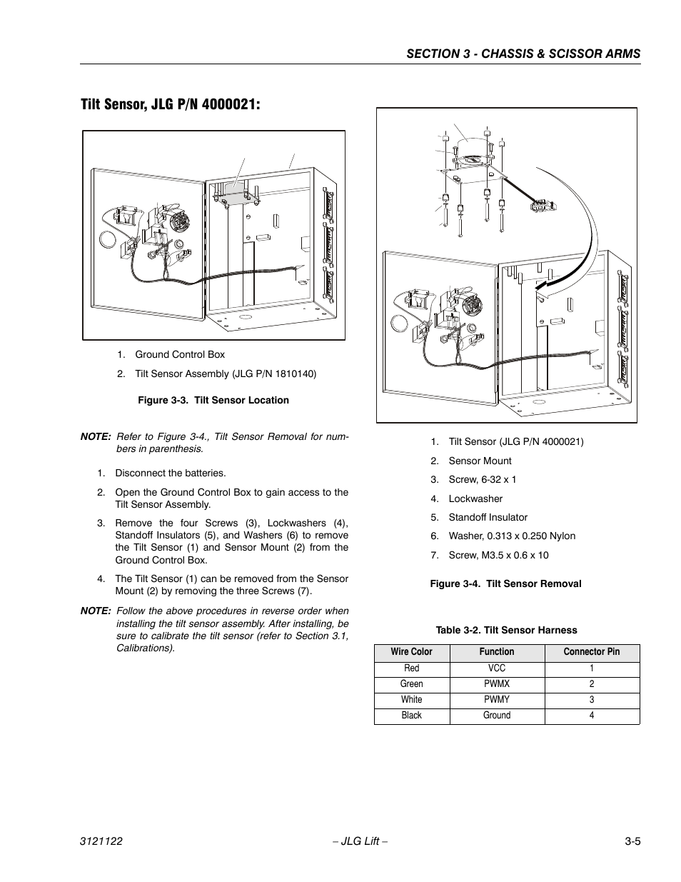 Tilt sensor, jlg p/n 4000021, Tilt sensor location -5, Tilt sensor removal -5 | Tilt sensor harness -5 | JLG M4069 ANSI Service Manual User Manual | Page 33 / 150
