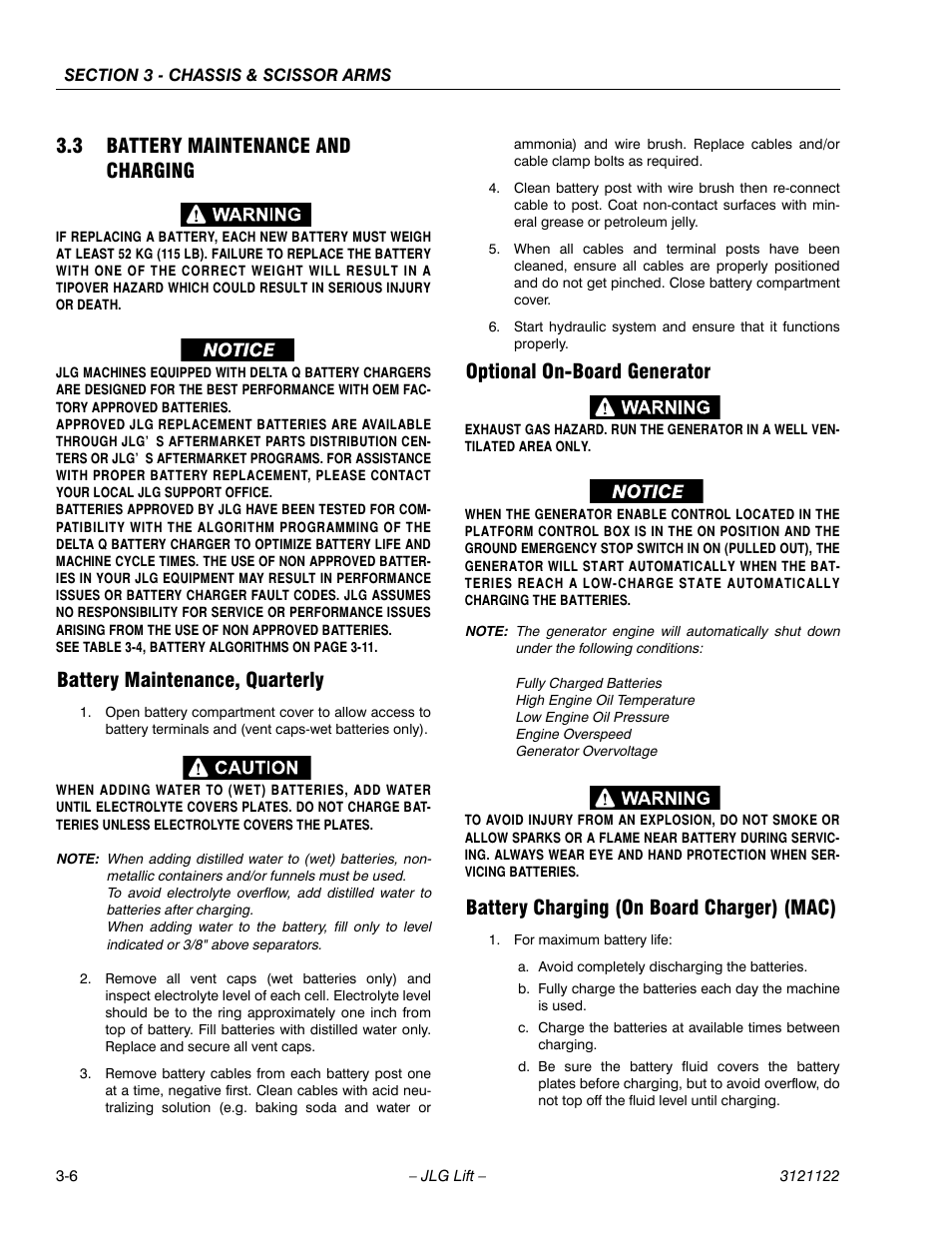 3 battery maintenance and charging, Battery maintenance, quarterly, Optional on-board generator | Battery charging (on board charger) (mac), Battery maintenance and charging -6 | JLG M4069 ANSI Service Manual User Manual | Page 34 / 150