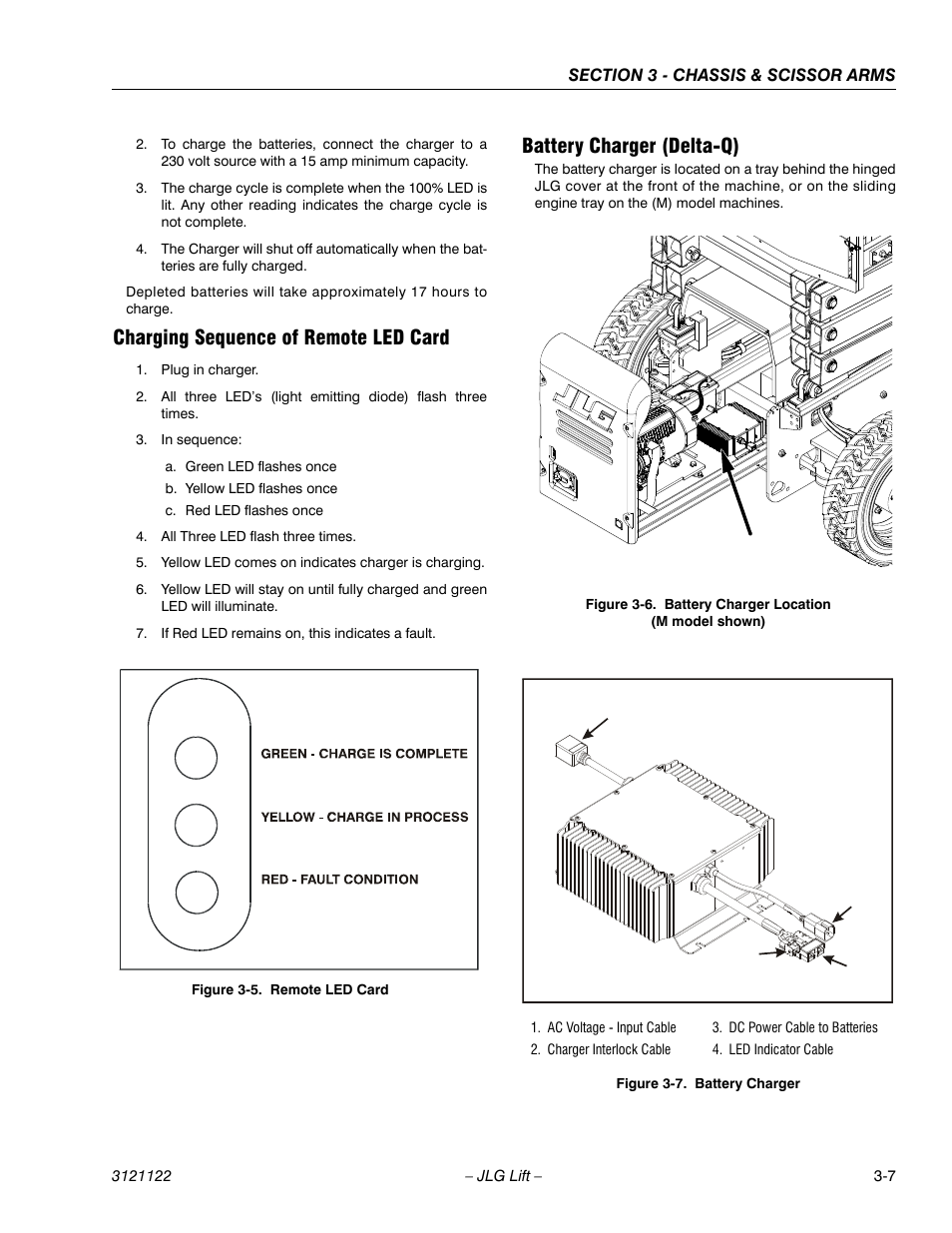 Charging sequence of remote led card, Battery charger (delta-q), Remote led card -7 | Battery charger location (m model shown) -7, Battery charger -7 | JLG M4069 ANSI Service Manual User Manual | Page 35 / 150