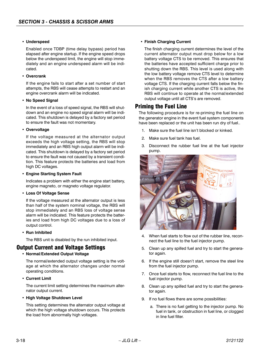 Output current and voltage settings, Priming the fuel line | JLG M4069 ANSI Service Manual User Manual | Page 46 / 150