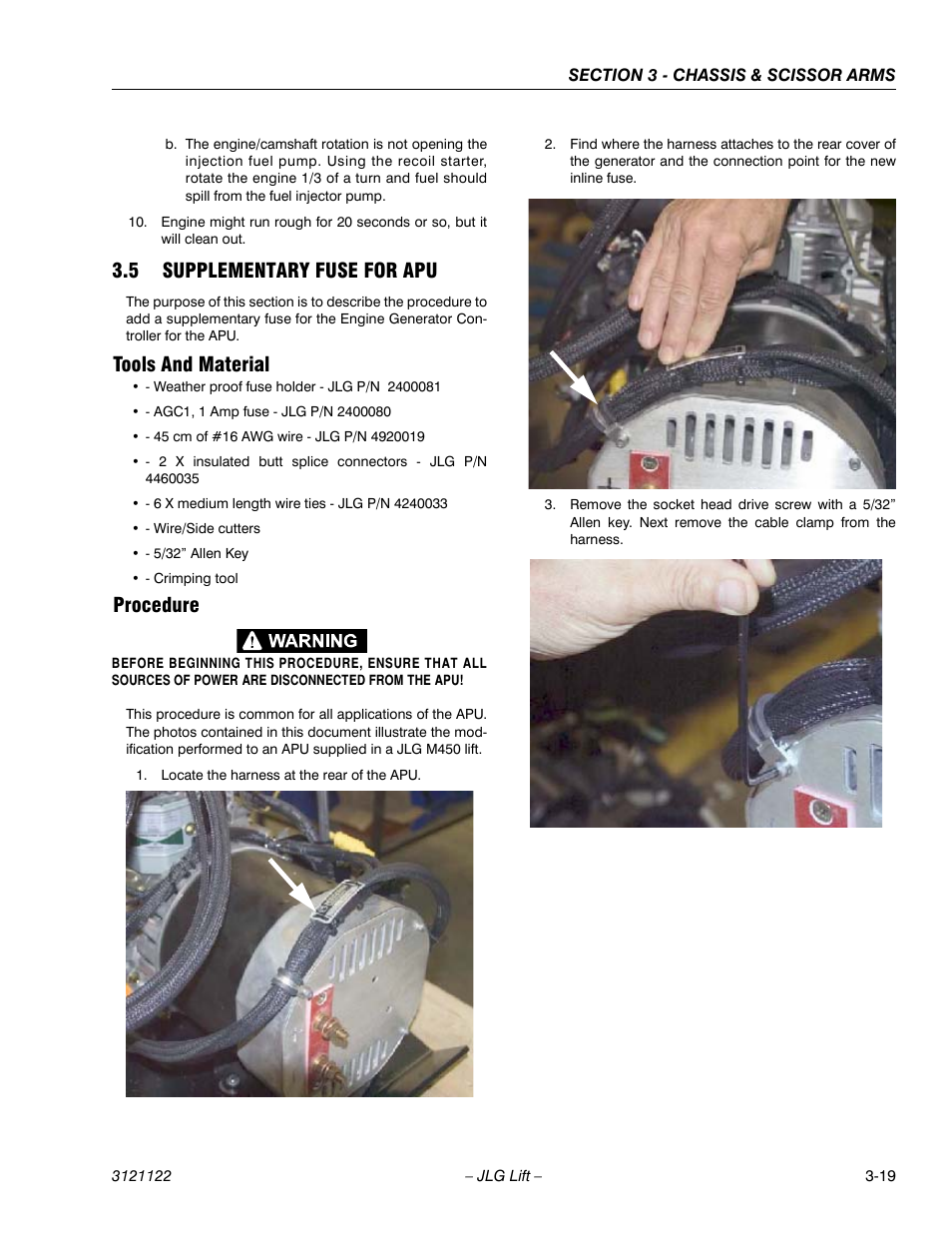 5 supplementary fuse for apu, Tools and material, Procedure | Supplementary fuse for apu -19 | JLG M4069 ANSI Service Manual User Manual | Page 47 / 150