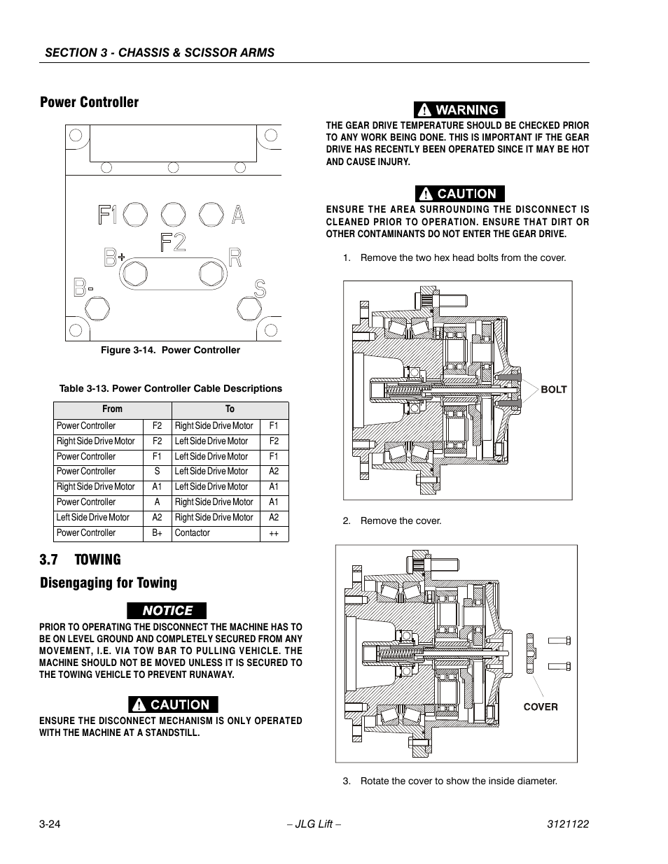 Power controller, 7 towing, Disengaging for towing | Towing -24, Power controller -24, Power controller cable descriptions -24, 7 towing disengaging for towing | JLG M4069 ANSI Service Manual User Manual | Page 52 / 150