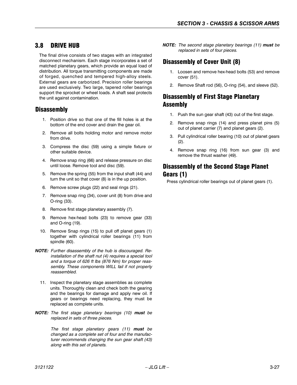 8 drive hub, Disassembly, Disassembly of cover unit (8) | Disassembly of first stage planetary assembly, Disassembly of the second stage planet gears (1), Drive hub -27 | JLG M4069 ANSI Service Manual User Manual | Page 55 / 150