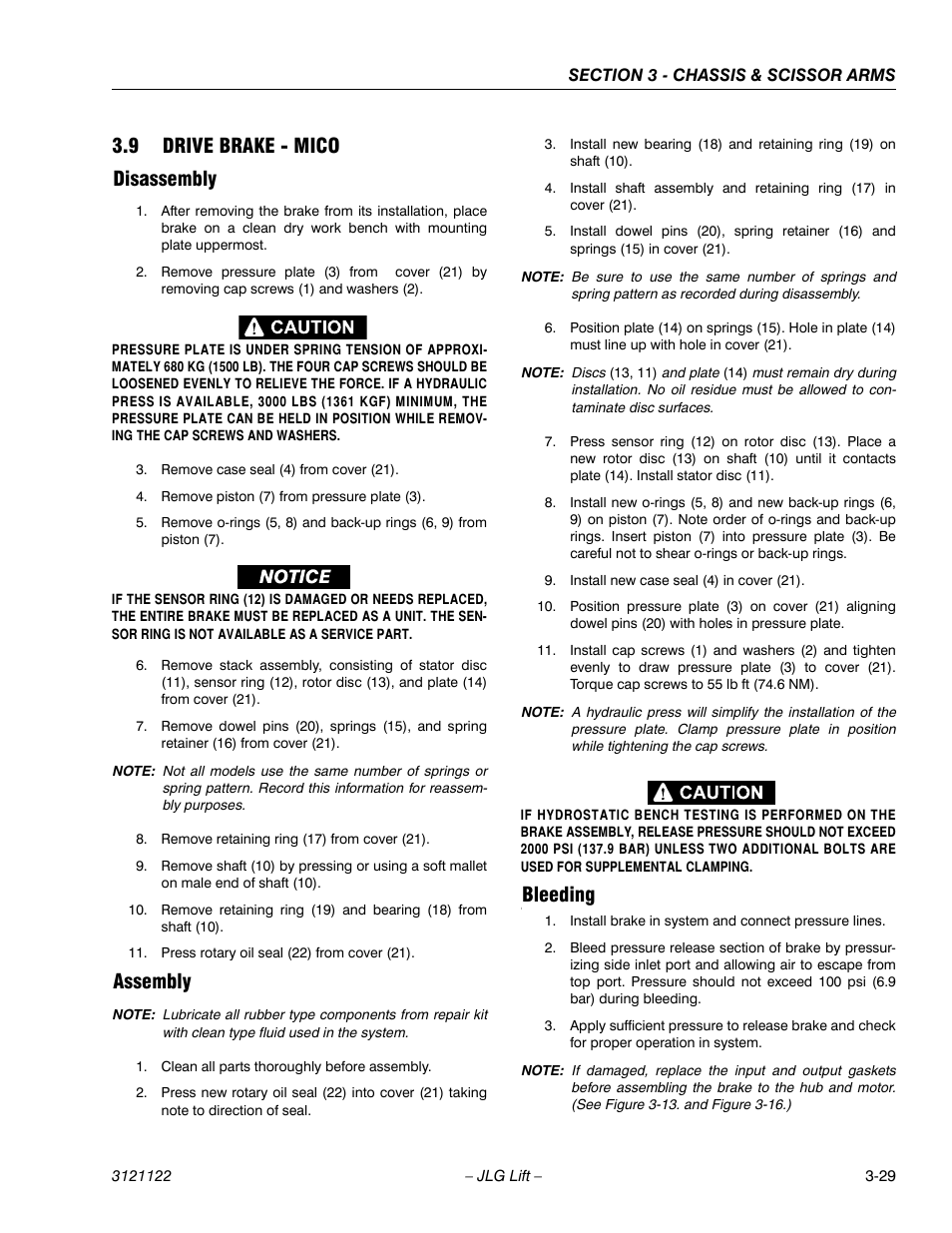 9 drive brake - mico, Disassembly, Assembly | Bleeding, Drive brake - mico -29, 9 drive brake - mico disassembly | JLG M4069 ANSI Service Manual User Manual | Page 57 / 150