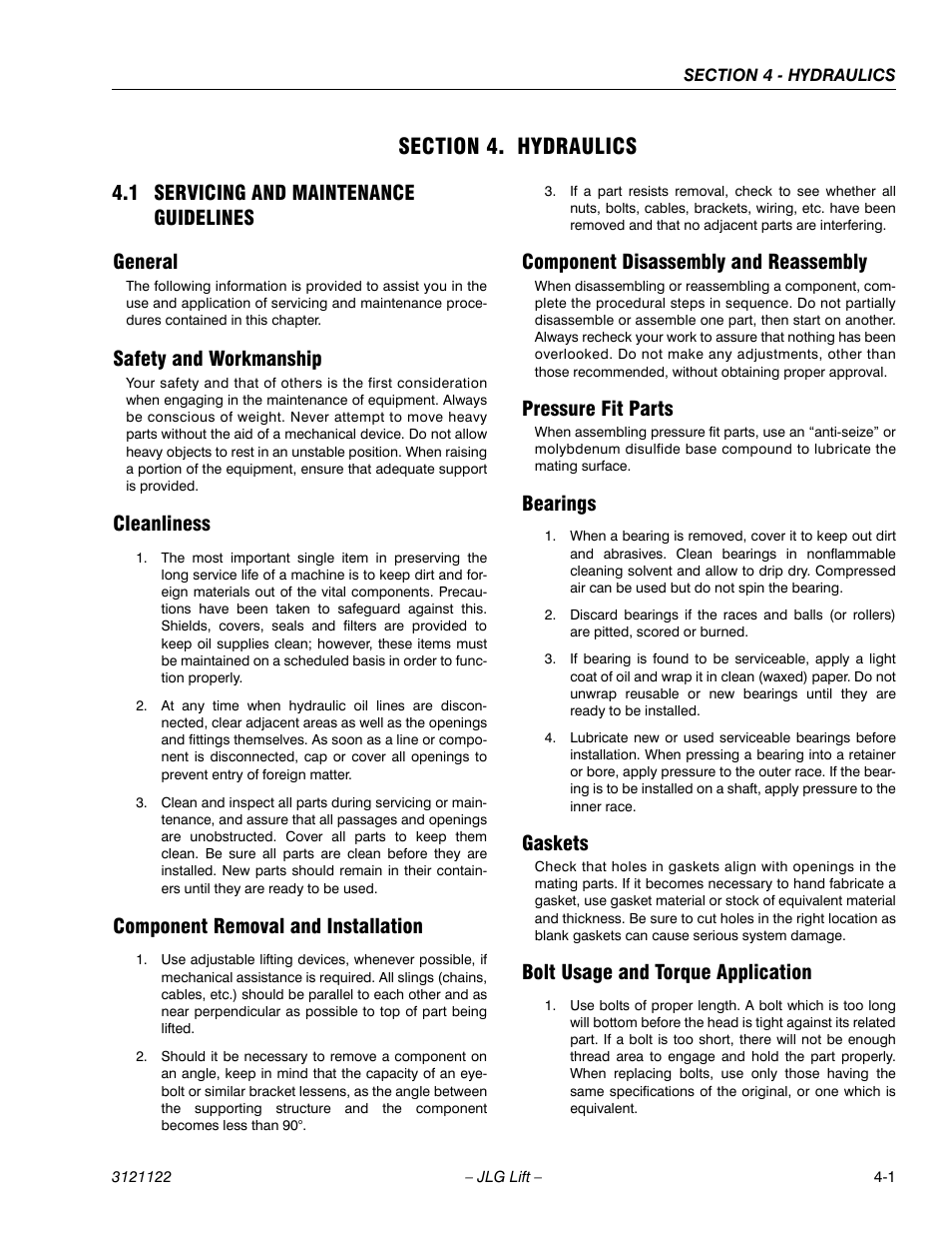 Section 4. hydraulics, 1 servicing and maintenance guidelines, General | Safety and workmanship, Cleanliness, Component removal and installation, Component disassembly and reassembly, Pressure fit parts, Bearings, Gaskets | JLG M4069 ANSI Service Manual User Manual | Page 73 / 150