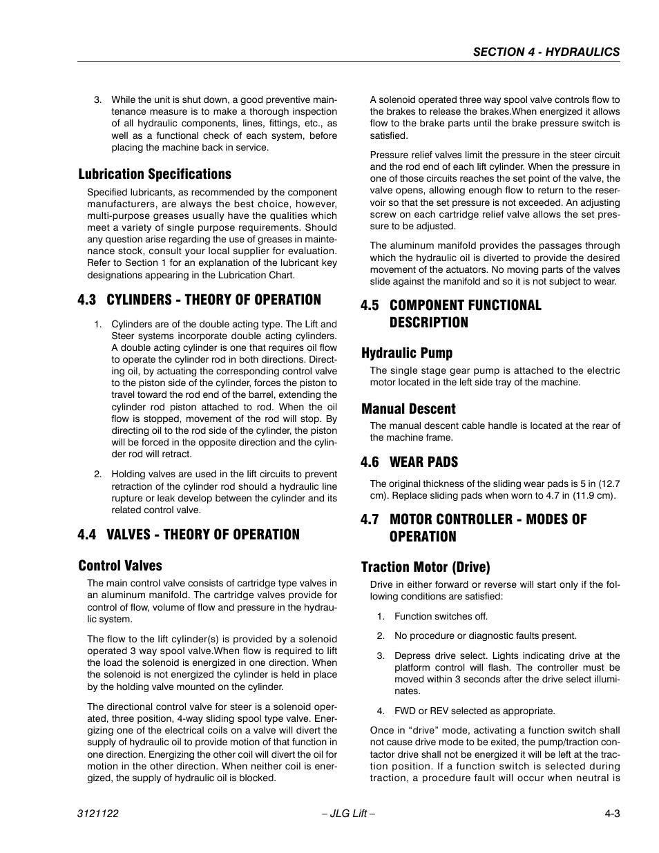 Lubrication specifications, 3 cylinders - theory of operation, 4 valves - theory of operation | Control valves, 5 component functional description, Hydraulic pump, Manual descent, 6 wear pads, 7 motor controller - modes of operation, Traction motor (drive) | JLG M4069 ANSI Service Manual User Manual | Page 75 / 150
