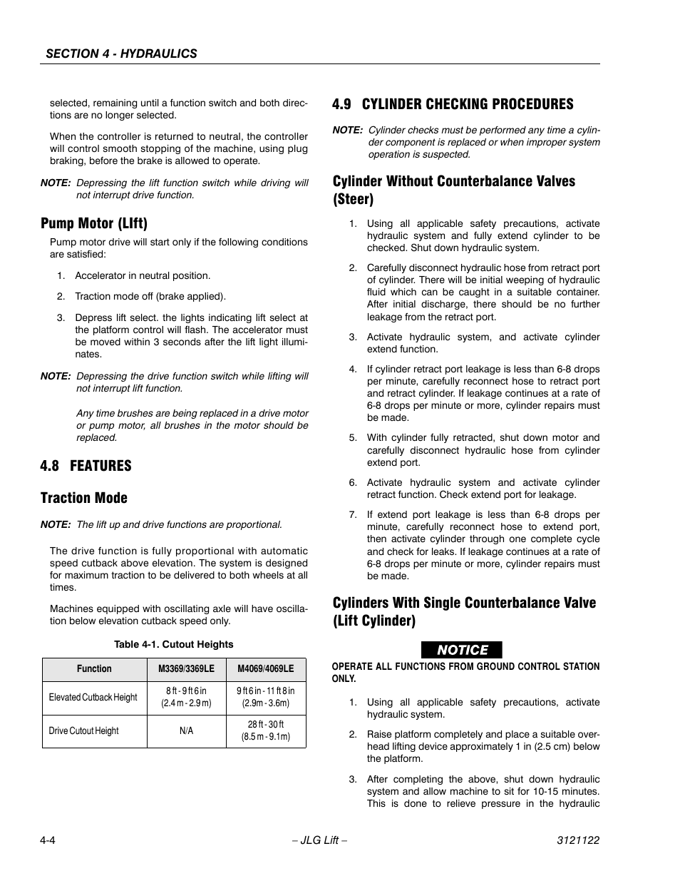 Pump motor (lift), 8 features, Traction mode | 9 cylinder checking procedures, Cylinder without counterbalance valves (steer), Features -4, Cylinder checking procedures -4, Cutout heights -4, 8 features traction mode | JLG M4069 ANSI Service Manual User Manual | Page 76 / 150
