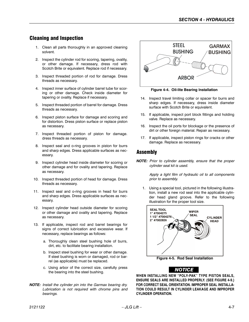 Cleaning and inspection, Assembly, Oil-lite bearing installation -7 | Rod seal installation -7, Garmax bushing | JLG M4069 ANSI Service Manual User Manual | Page 79 / 150