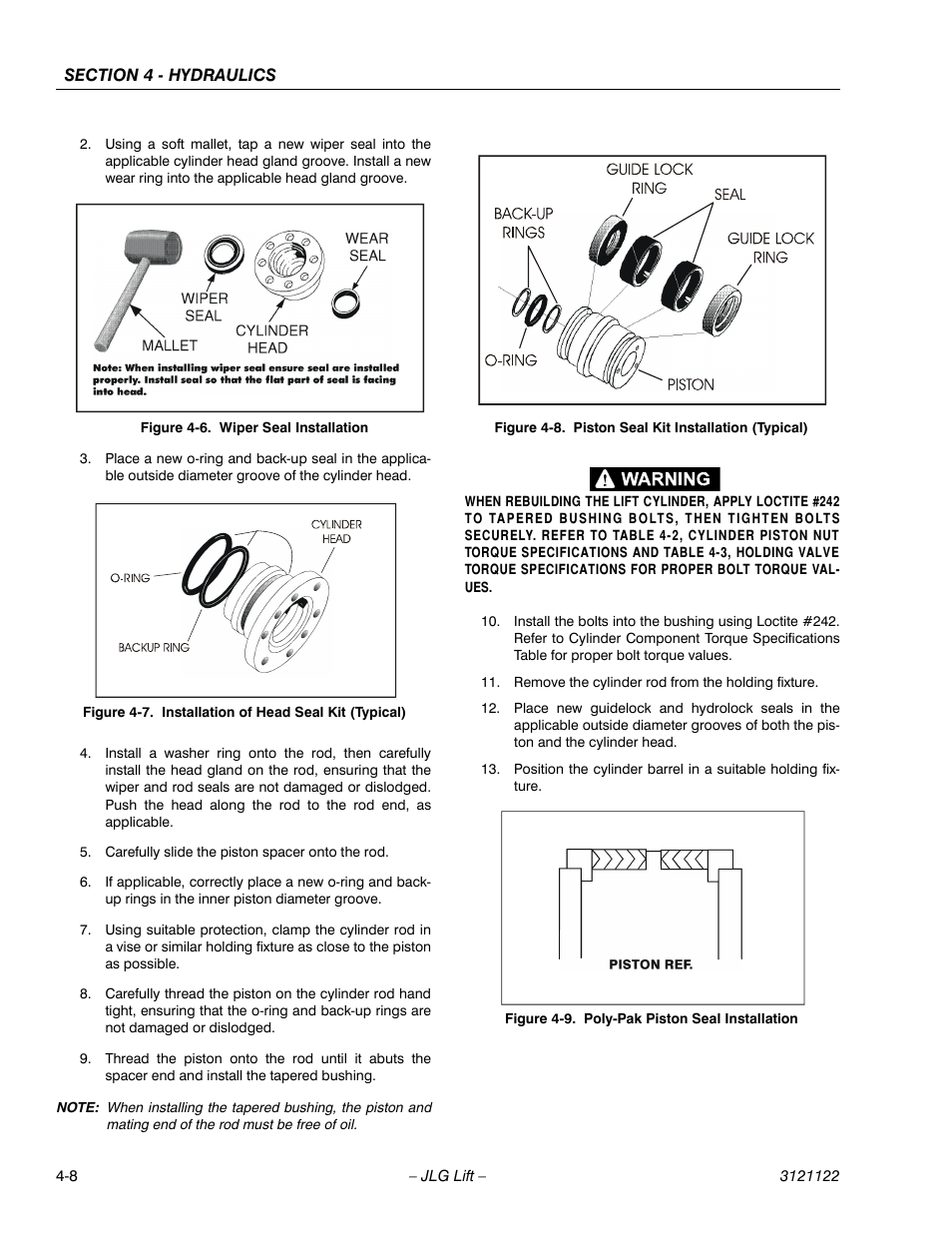 Wiper seal installation -8, Installation of head seal kit (typical) -8, Piston seal kit installation (typical) -8 | Poly-pak piston seal installation -8 | JLG M4069 ANSI Service Manual User Manual | Page 80 / 150