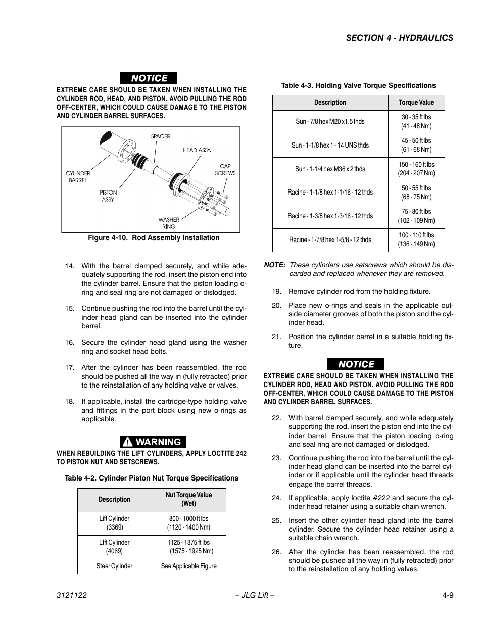 Rod assembly installation -9, Cylinder piston nut torque specifications -9, Holding valve torque specifications -9 | JLG M4069 ANSI Service Manual User Manual | Page 81 / 150