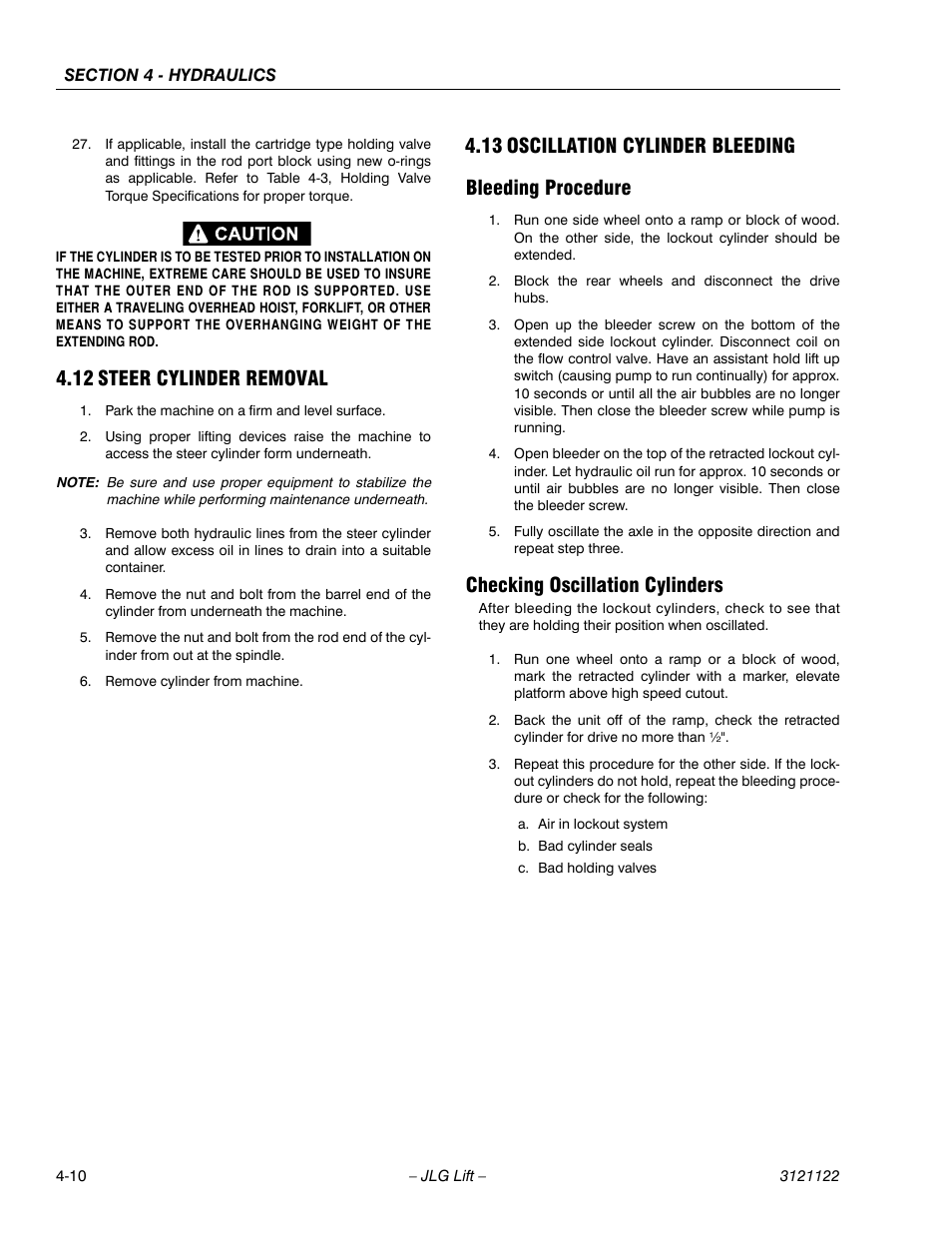 12 steer cylinder removal, 13 oscillation cylinder bleeding, Bleeding procedure | Checking oscillation cylinders, Steer cylinder removal -10, Oscillation cylinder bleeding -10 | JLG M4069 ANSI Service Manual User Manual | Page 82 / 150