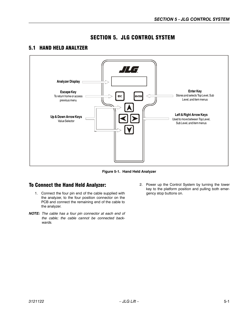 Section 5. jlg control system, 1 hand held analyzer, To connect the hand held analyzer | Section 5 - jlg control system, Hand held analyzer -1 | JLG M4069 ANSI Service Manual User Manual | Page 97 / 150