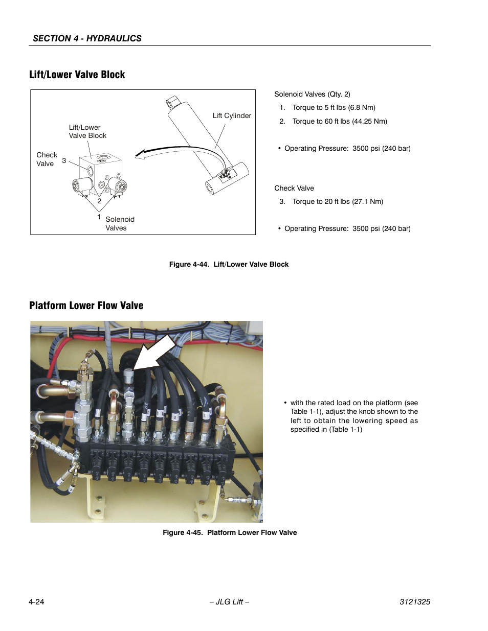 Lift/lower valve block, Platform lower flow valve, Lift/lower valve block -24 | Platform lower flow valve -24, Lift/lower valve block platform lower flow valve | JLG 80SL Service Manual User Manual | Page 104 / 162
