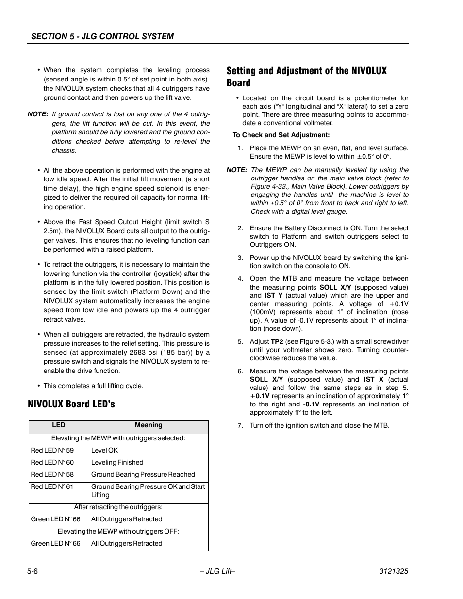 Nivolux board led’s, Setting and adjustment of the nivolux board | JLG 80SL Service Manual User Manual | Page 112 / 162