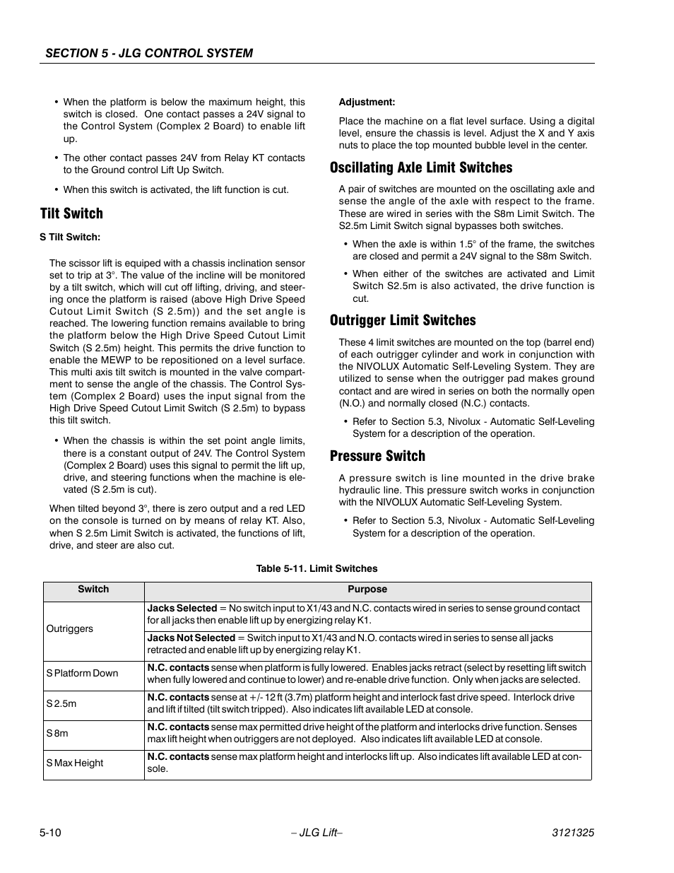 Tilt switch, Oscillating axle limit switches, Outrigger limit switches | Pressure switch, Limit switches -10 | JLG 80SL Service Manual User Manual | Page 116 / 162