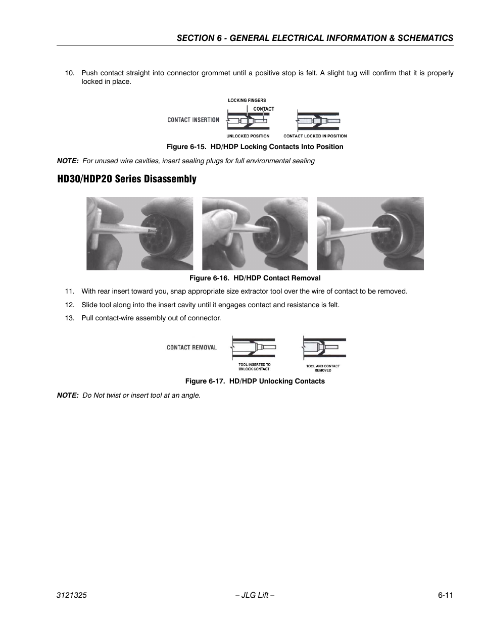 Hd30/hdp20 series disassembly, Hd30/hdp20 series disassembly -11, Hd/hdp locking contacts into position -11 | Hd/hdp contact removal -11, Hd/hdp unlocking contacts -11 | JLG 80SL Service Manual User Manual | Page 129 / 162