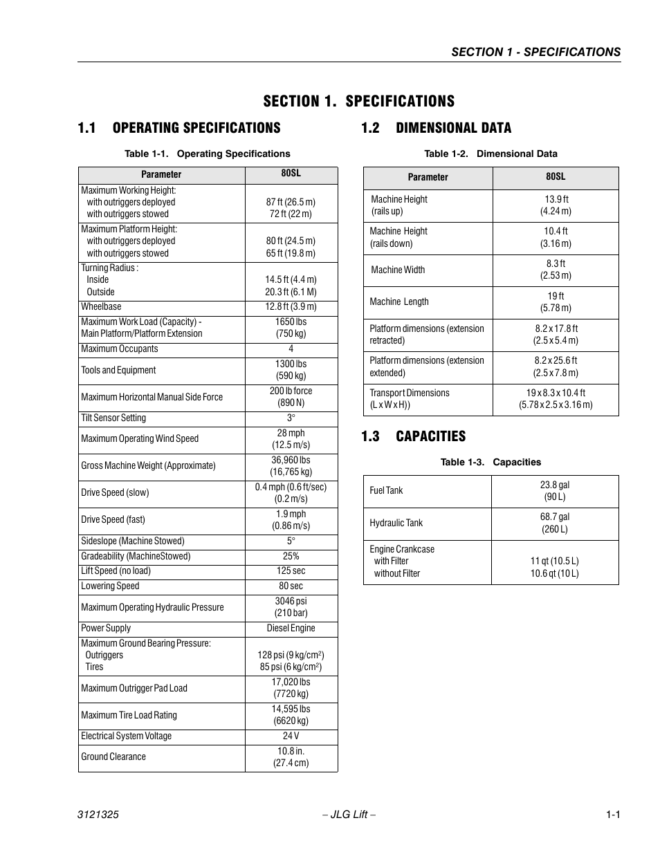 Section 1. specifications, 1 operating specifications, 2 dimensional data | 3 capacities, Section 1 - specifications, Operating specifications -1, Dimensional data -1, Capacities -1 | JLG 80SL Service Manual User Manual | Page 13 / 162