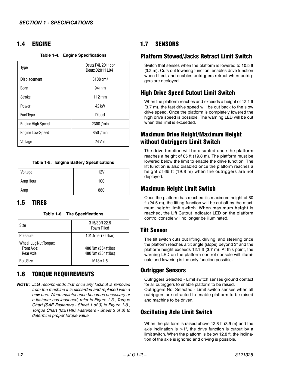 4 engine, 5 tires, 6 torque requirements | 7 sensors, Platform stowed/jacks retract limit switch, High drive speed cutout limit switch, Maximum height limit switch, Tilt sensor, Outrigger sensors, Oscillating axle limit switch | JLG 80SL Service Manual User Manual | Page 14 / 162