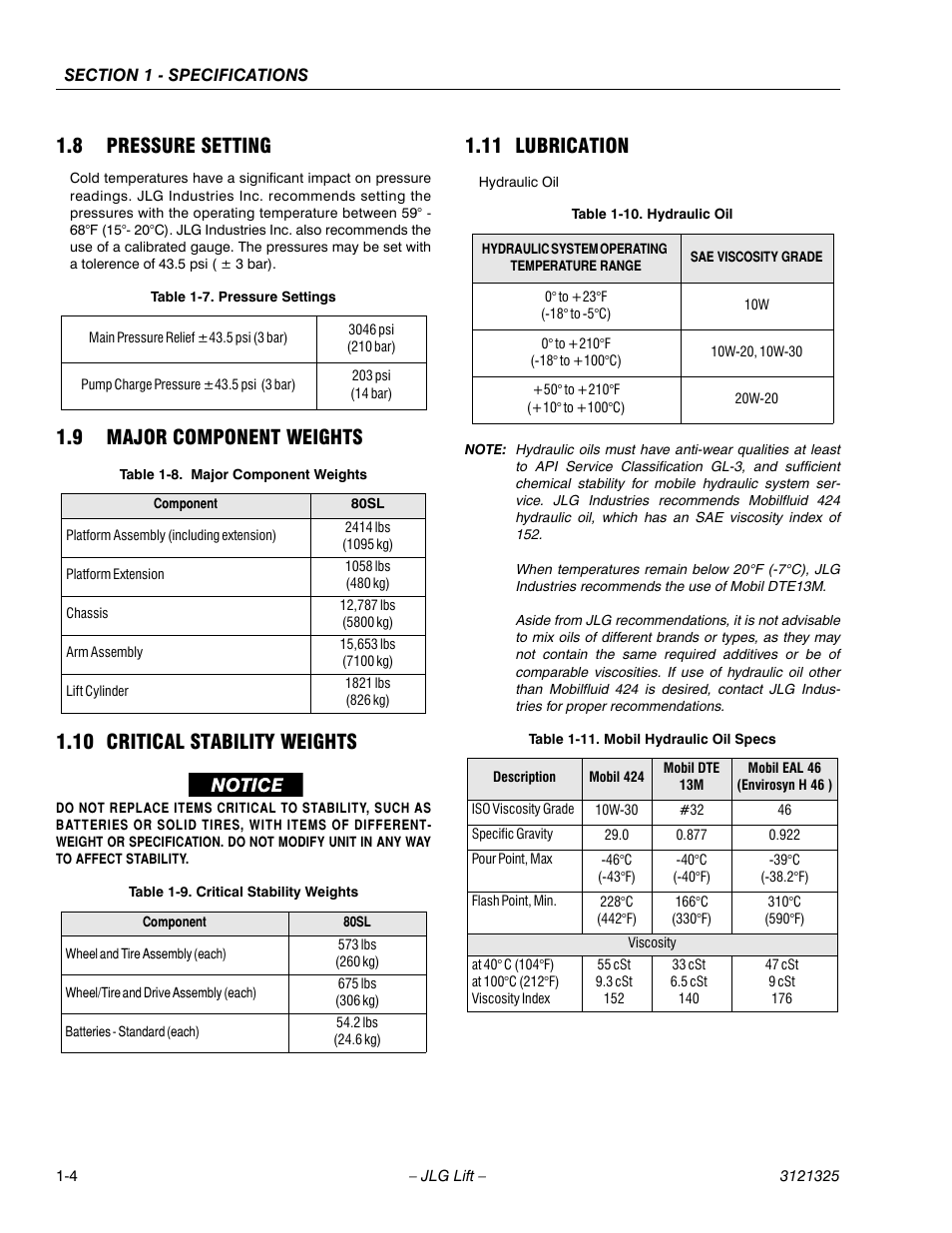 8 pressure setting, 9 major component weights, 10 critical stability weights | 11 lubrication, Pressure setting -4, Major component weights -4, Critical stability weights -4, Lubrication -4, Pressure settings -4, Hydraulic oil -4 | JLG 80SL Service Manual User Manual | Page 16 / 162
