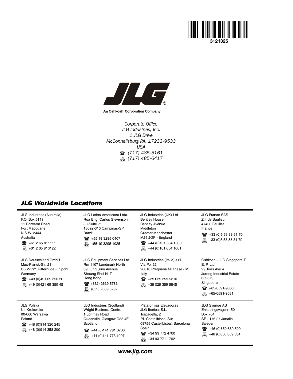 Jlg worldwide locations | JLG 80SL Service Manual User Manual | Page 162 / 162