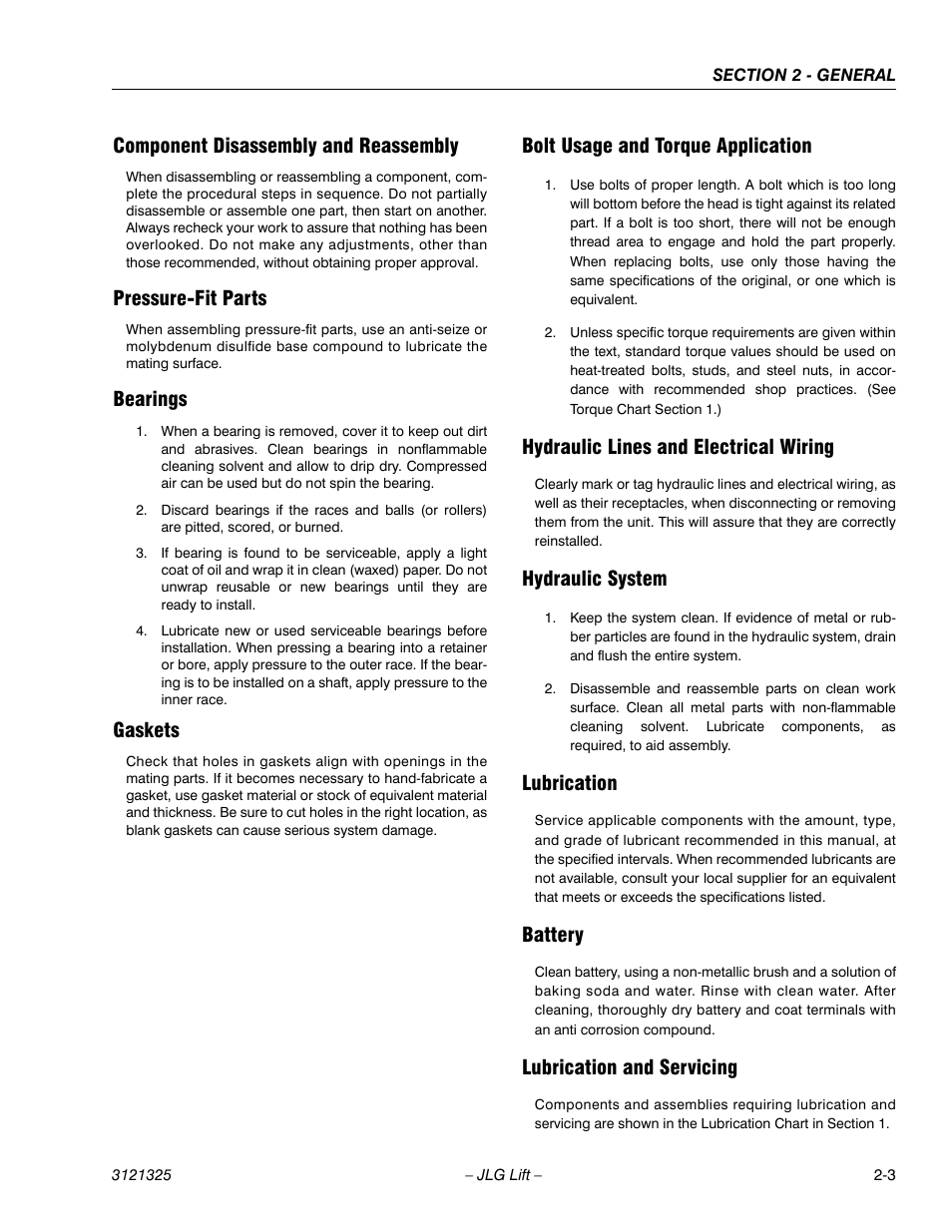 Component disassembly and reassembly, Pressure-fit parts, Bearings | Gaskets, Bolt usage and torque application, Hydraulic lines and electrical wiring, Hydraulic system, Lubrication, Battery, Lubrication and servicing | JLG 80SL Service Manual User Manual | Page 27 / 162