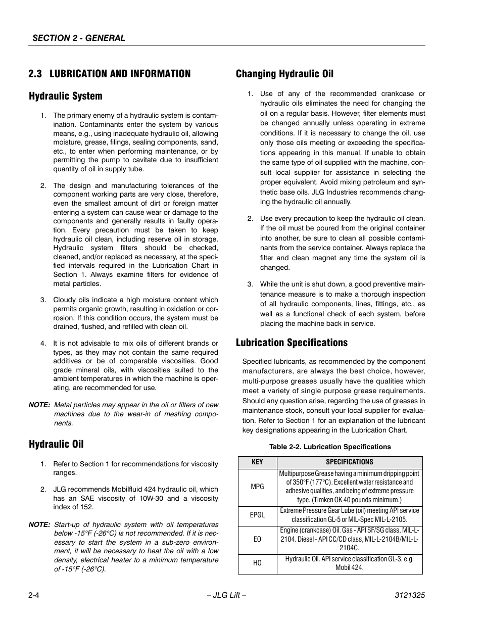 3 lubrication and information, Hydraulic system, Hydraulic oil | Changing hydraulic oil, Lubrication specifications, Lubrication and information -4, Lubrication specifications -4, 3 lubrication and information hydraulic system | JLG 80SL Service Manual User Manual | Page 28 / 162