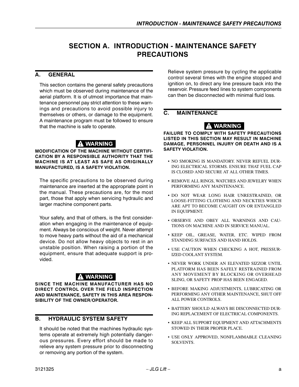 A. general, B. hydraulic system safety, C. maintenance | JLG 80SL Service Manual User Manual | Page 3 / 162
