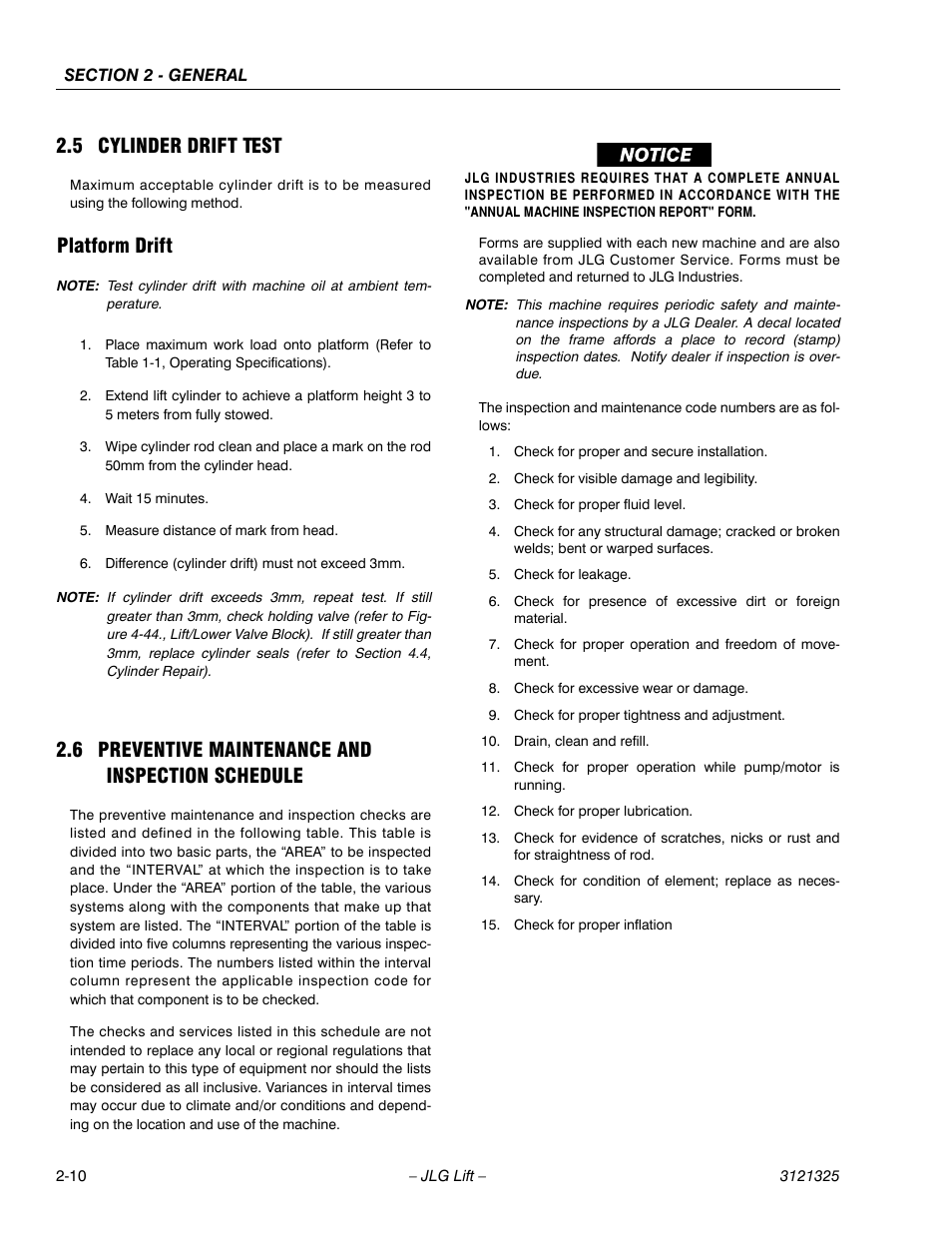 5 cylinder drift test, Platform drift, 6 preventive maintenance and inspection schedule | Cylinder drift test -10, Platform drift -10, Preventive maintenance and inspection schedule -10 | JLG 80SL Service Manual User Manual | Page 34 / 162