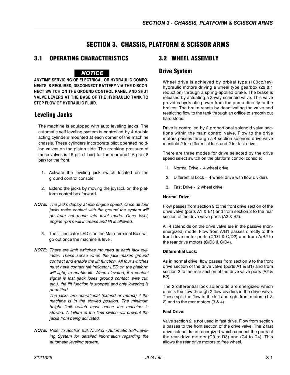 Section 3. chassis, platform & scissor arms, 1 operating characteristics, Leveling jacks | 2 wheel assembly, Drive system, Section 3 - chassis, platform & scissor arms, Operating characteristics -1, Leveling jacks -1, Wheel assembly -1, Drive system -1 | JLG 80SL Service Manual User Manual | Page 37 / 162