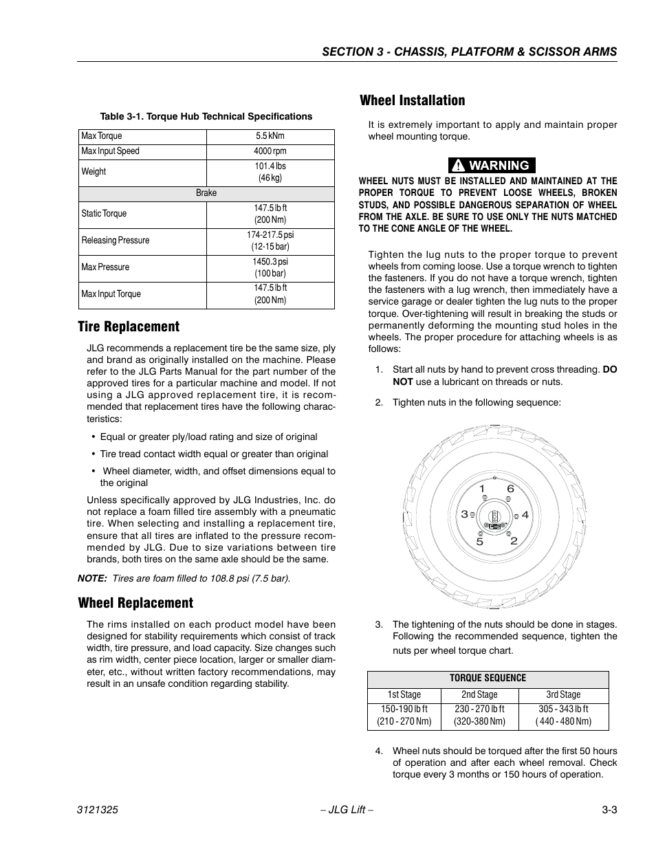 Tire replacement, Wheel replacement, Wheel installation | Torque hub technical specifications -3 | JLG 80SL Service Manual User Manual | Page 39 / 162