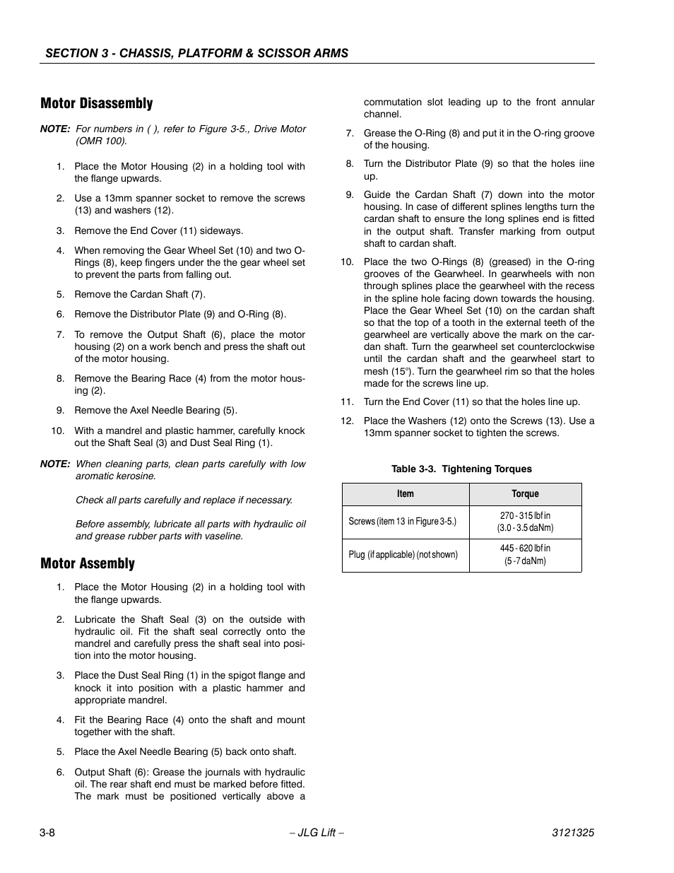 Motor disassembly, Motor assembly, Motor disassembly -8 motor assembly -8 | Tightening torques -8 | JLG 80SL Service Manual User Manual | Page 44 / 162