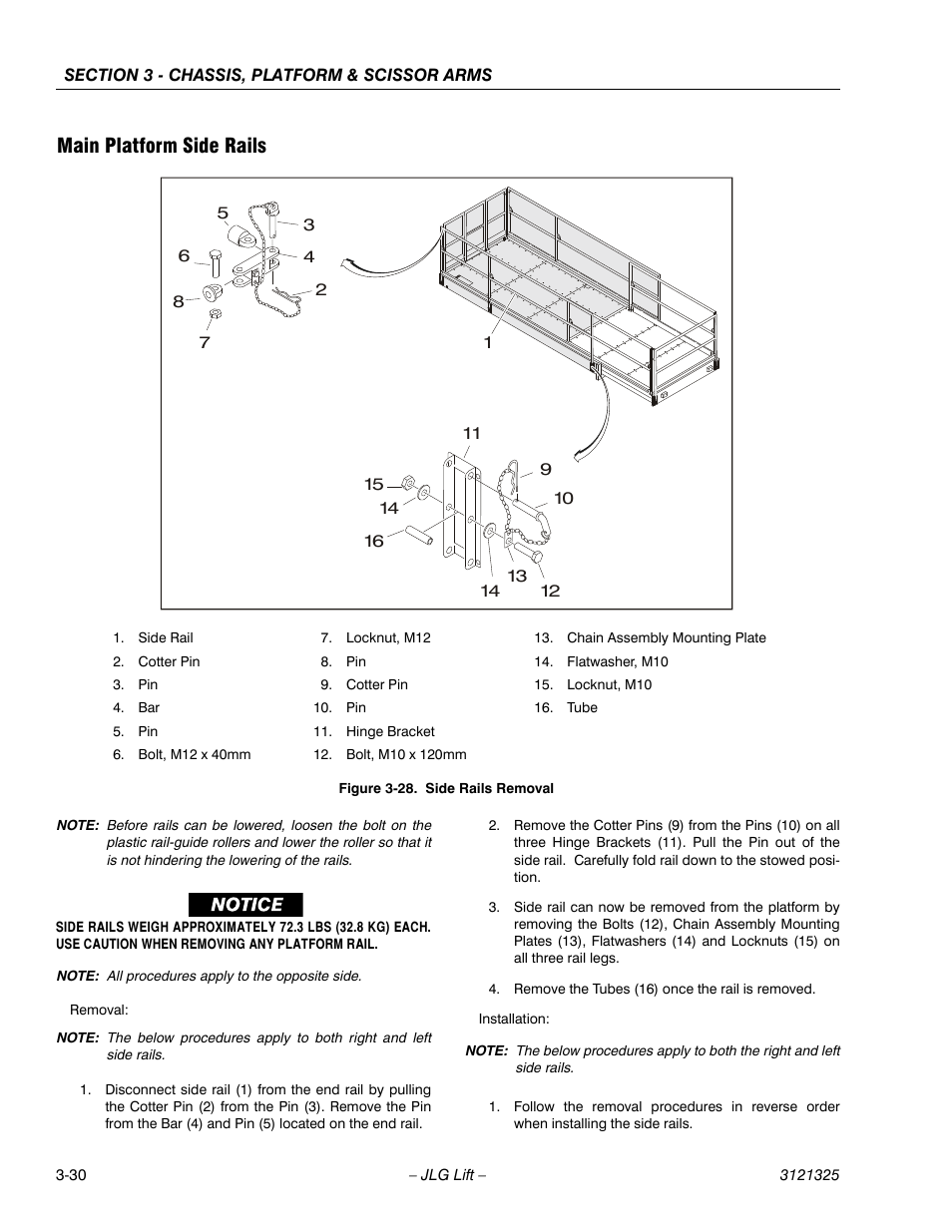 Main platform side rails, Main platform side rails -30, Side rails removal -30 | JLG 80SL Service Manual User Manual | Page 66 / 162