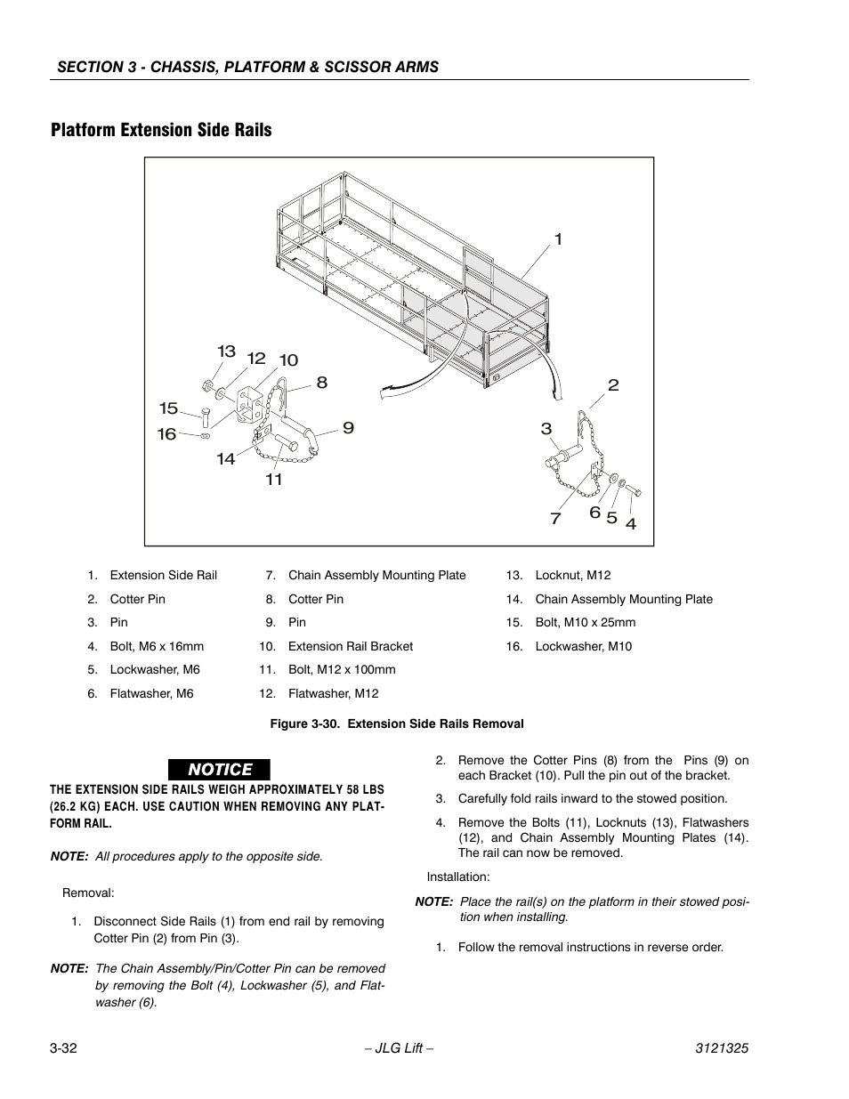 Platform extension side rails, Platform extension side rails -32, Extension side rails removal -32 | JLG 80SL Service Manual User Manual | Page 68 / 162