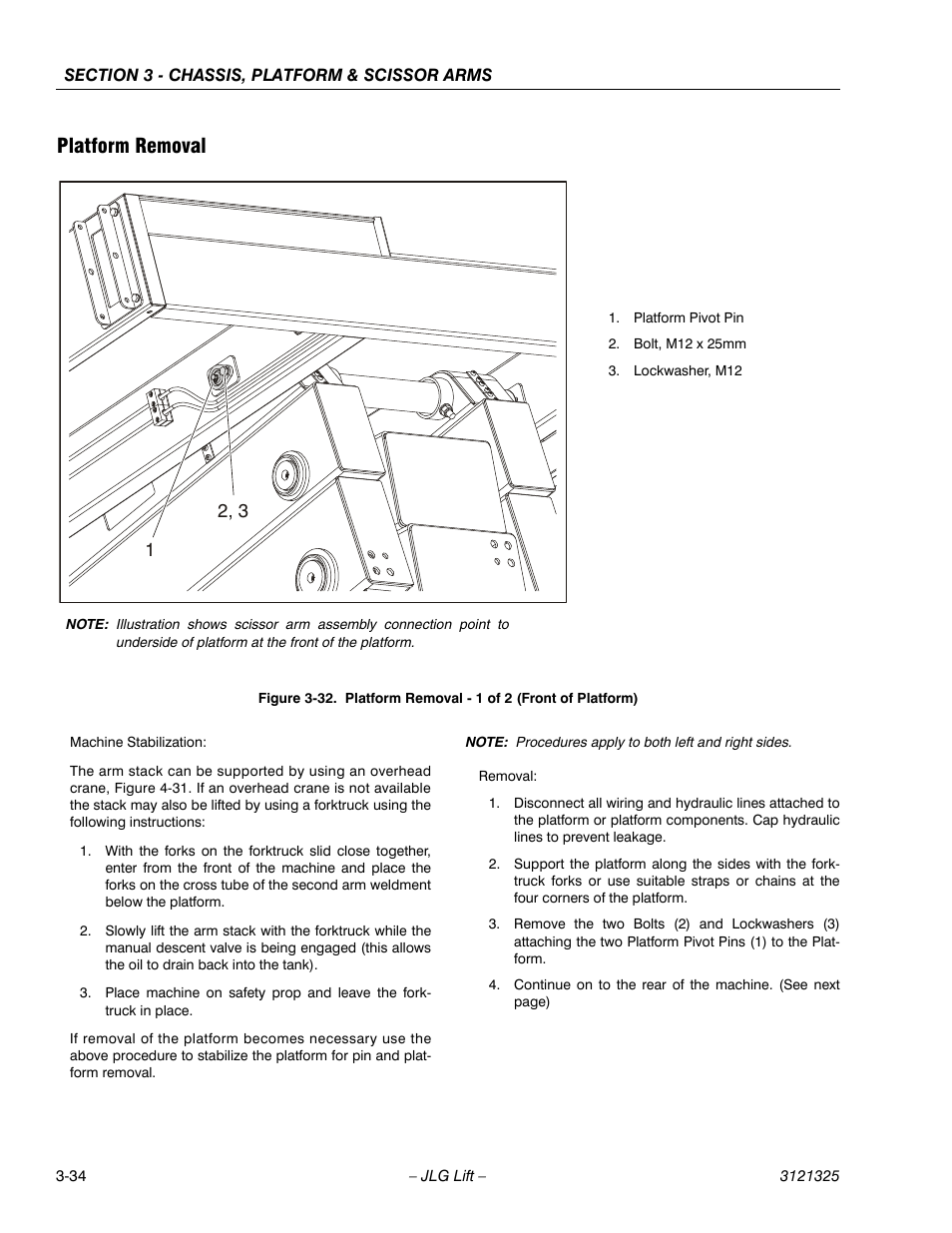 Platform removal, Platform removal -34, Platform removal - 1 of 2 (front of platform) -34 | JLG 80SL Service Manual User Manual | Page 70 / 162