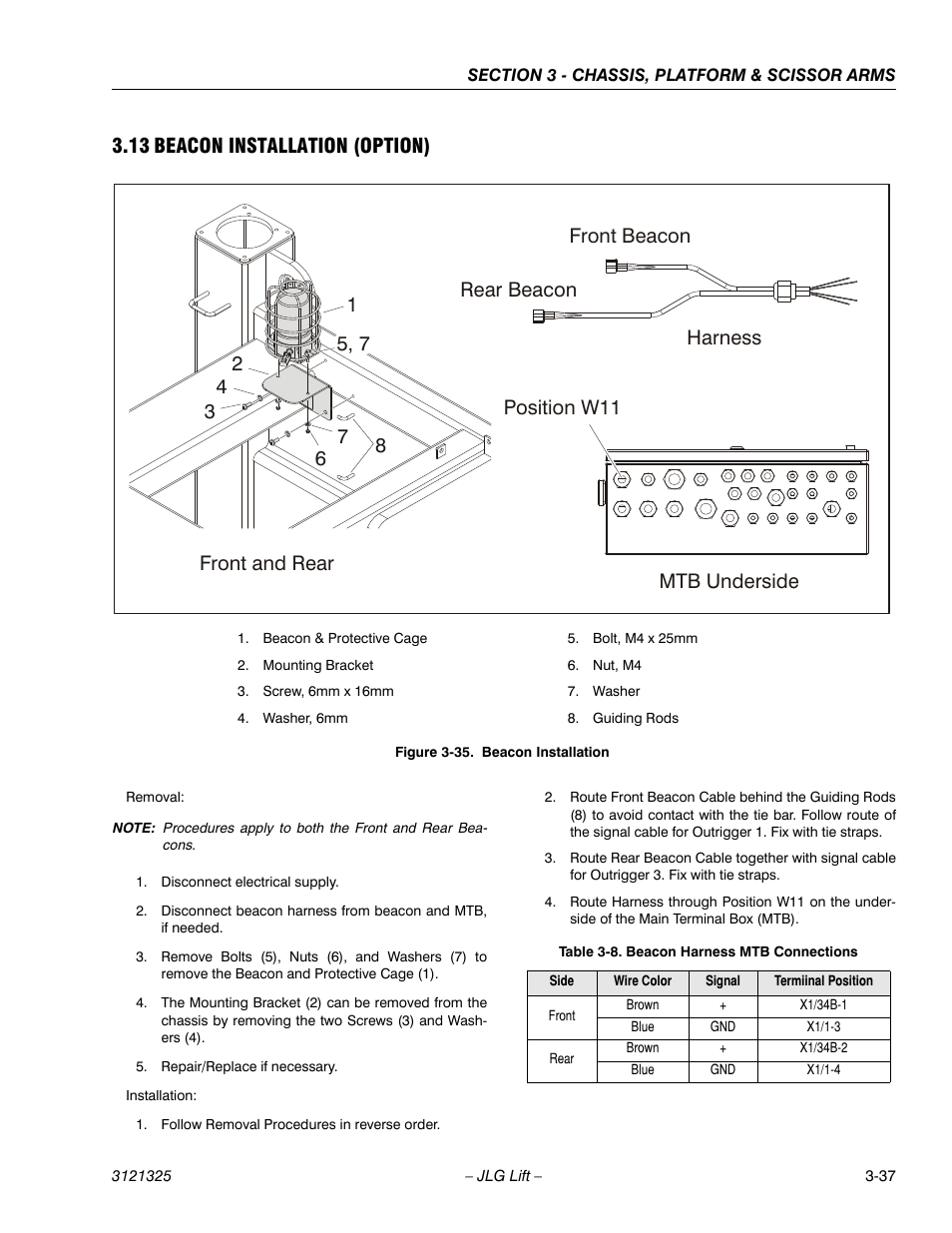 13 beacon installation (option), Beacon installation (option) -37, Beacon installation -37 | Beacon harness mtb connections -37 | JLG 80SL Service Manual User Manual | Page 73 / 162