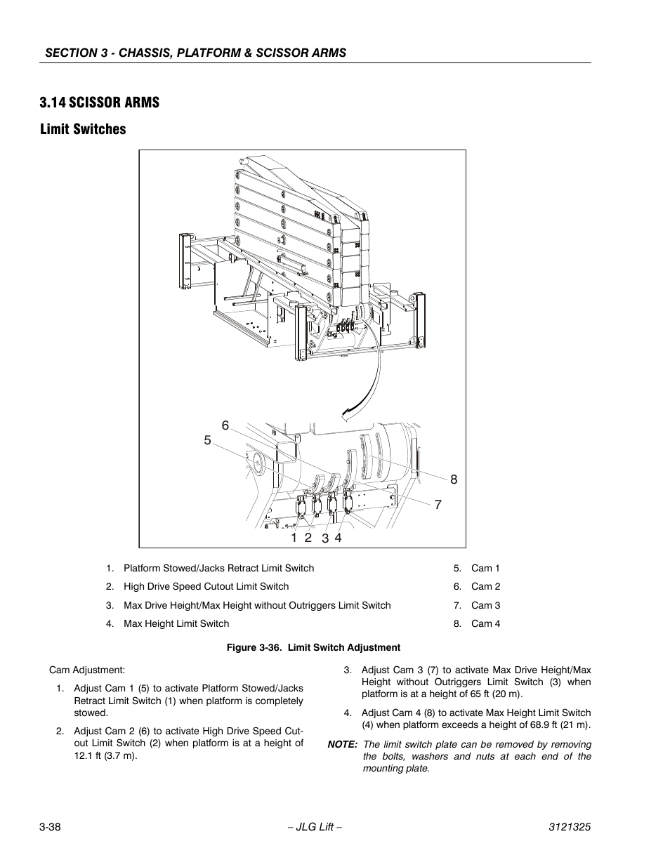 14 scissor arms, Limit switches, Scissor arms -38 | Limit switches -38, Limit switch adjustment -38, 14 scissor arms limit switches | JLG 80SL Service Manual User Manual | Page 74 / 162