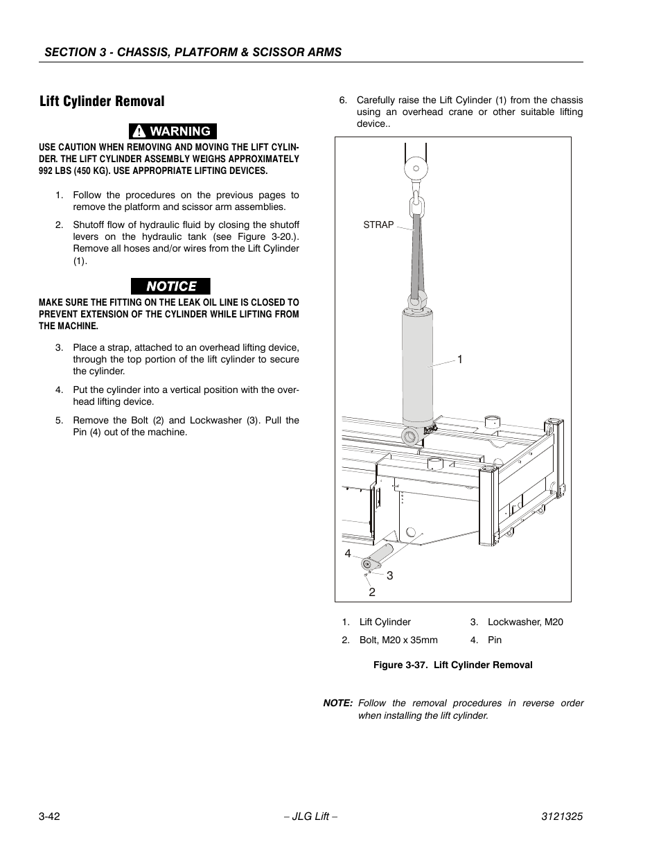 Lift cylinder removal, Lift cylinder removal -42 | JLG 80SL Service Manual User Manual | Page 78 / 162