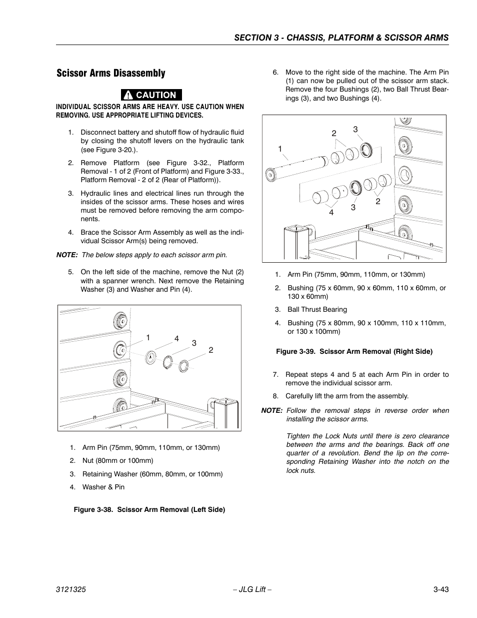 Scissor arms disassembly, Scissor arms disassembly -43, Scissor arm removal (left side) -43 | Scissor arm removal (right side) -43 | JLG 80SL Service Manual User Manual | Page 79 / 162