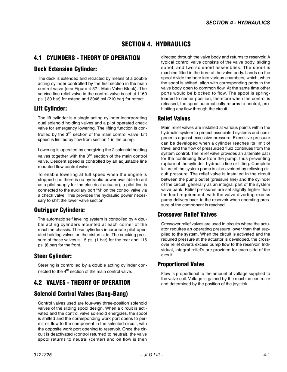 Section 4. hydraulics, 1 cylinders - theory of operation, Deck extension cylinder | Lift cylinder, Outrigger cylinders, Steer cylinder, 2 valves - theory of operation, Solenoid control valves (bang-bang), Relief valves, Crossover relief valves | JLG 80SL Service Manual User Manual | Page 81 / 162